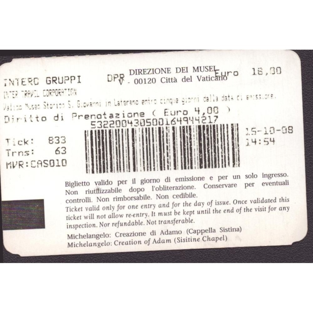Vintage Musei Vaticani Ticket Michelangelo Creation of Adam Sistine Chapel 2008 - Picture 2 of 2